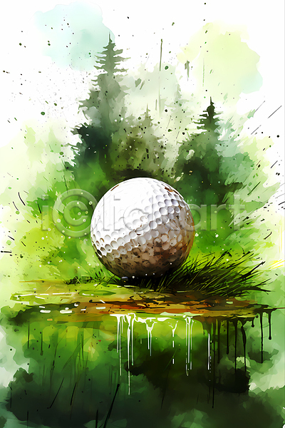 흐름 사람없음 JPG 일러스트 골프 골프공 나무 번짐 붓터치 수채화(물감) 잔디 초록색