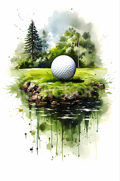 흐름 사람없음 JPG 일러스트 골프 골프공 골프깃발 나무 번짐 붓터치 수채화(물감) 잔디 초록색