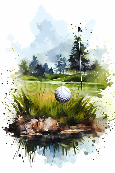 흐름 사람없음 JPG 일러스트 골프 골프공 골프깃발 나무 번짐 붓터치 수채화(물감) 잔디 초록색 초원(자연)