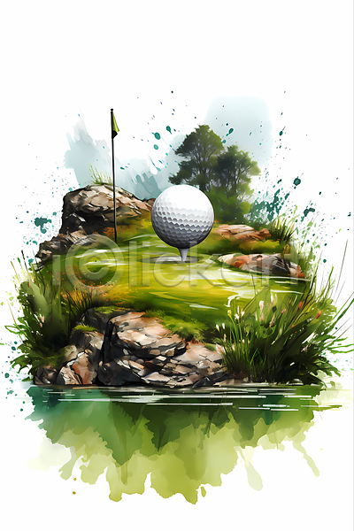 사람없음 JPG 일러스트 골프 골프공 골프깃발 나무 바위(돌) 붓터치 수채화(물감) 잔디 초록색