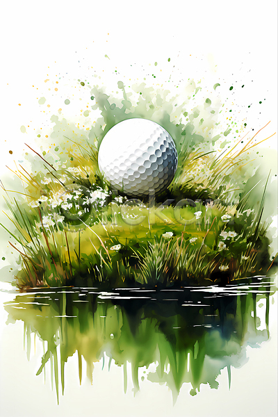 흐름 사람없음 JPG 일러스트 골프 골프공 번짐 붓터치 수채화(물감) 잔디 초록색