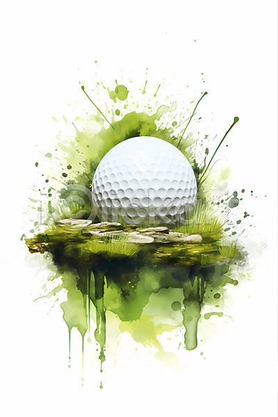 흐름 사람없음 JPG 일러스트 골프 골프공 번짐 붓터치 수채화(물감) 잔디 조약돌 초록색