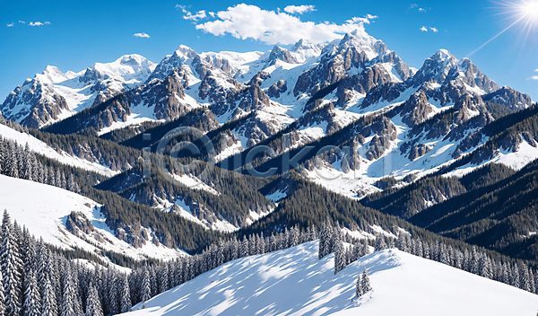 추위 사람없음 JPG 편집이미지 겨울 구름(자연) 나무 눈(날씨) 눈덮임 설산 설원 풍경(경치) 햇빛