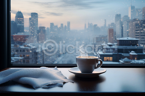 사람없음 JPG 편집이미지 건물 겨울 나무탁자 눈내림 눈덮임 도시풍경 도심 창가 천(직물) 커피잔 하늘
