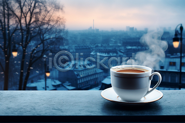 사람없음 JPG 편집이미지 건물 겨울 나무탁자 눈덮임 도시풍경 도심 빛 연기 창가 커피잔 하늘