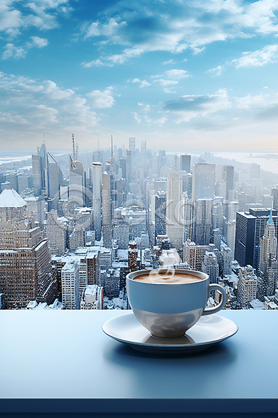 사람없음 JPG 편집이미지 건물 겨울 구름(자연) 눈내림 눈덮임 도시풍경 도심 창가 커피잔 하늘