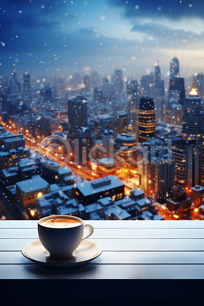 사람없음 JPG 편집이미지 건물 겨울 나무탁자 눈내림 눈덮임 도시풍경 도심 빛 창가 커피잔 하늘