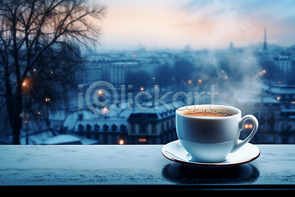 사람없음 JPG 편집이미지 건물 겨울 나무 나무탁자 눈(날씨) 눈덮임 도시풍경 도심 빛 창가 커피잔 하늘