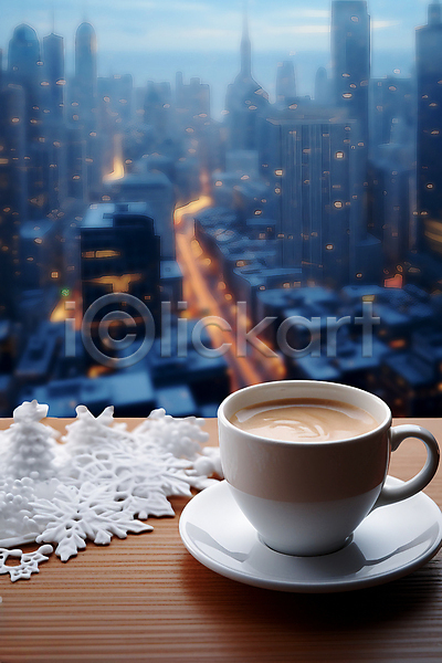사람없음 JPG 편집이미지 건물 겨울 나무탁자 눈송이 도시풍경 도심 블러효과 빛 쌓인눈 창가 커피잔
