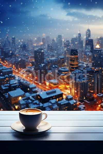 사람없음 JPG 편집이미지 건물 겨울 나무탁자 눈내림 눈덮임 도시풍경 도심 빛 창가 커피잔 하늘