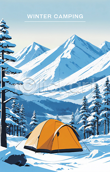 사람없음 PSD 일러스트 겨울 겨울풍경 나무 눈(날씨) 돌(바위) 백그라운드 산맥 설산 설원 아웃도어 캠핑 텐트 포스터 하늘 흰색