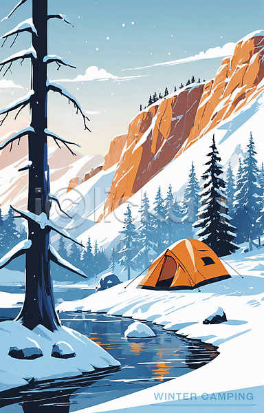 사람없음 PSD 일러스트 개울 겨울 겨울풍경 나무 눈(날씨) 백그라운드 설산 설원 아웃도어 암벽 캠핑 텐트 포스터 하늘 흰색
