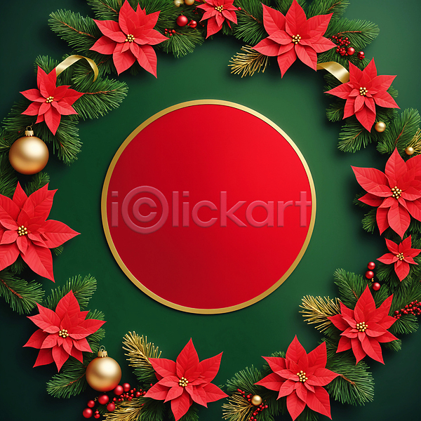 사람없음 JPG 디지털합성 편집이미지 빨간색 열매 오너먼트 원형 초록색 크리스마스 크리스마스리스 포인세티아 프레임