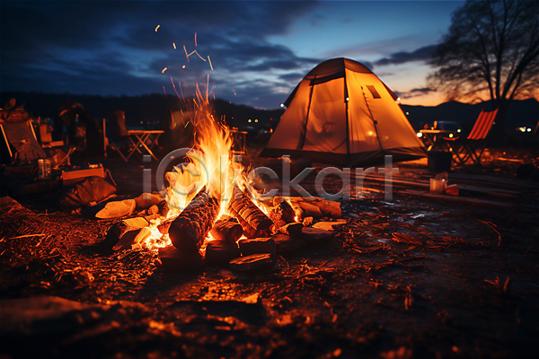 휴식 사람없음 JPG 편집이미지 모닥불 불꽃(불) 어둠 의자 장작 캠핑 캠핑장 텐트 풍경(경치)