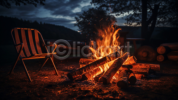 휴식 사람없음 JPG 편집이미지 모닥불 불꽃(불) 숯 어둠 의자 장작 캠핑 캠핑장