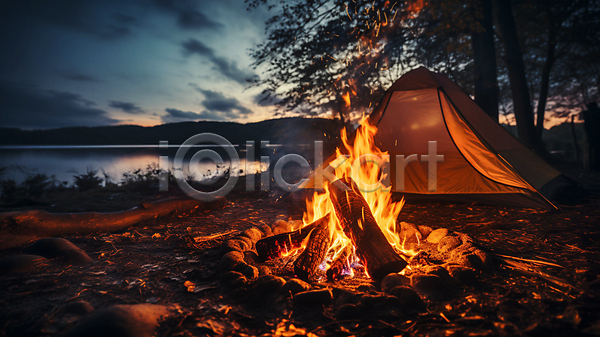 휴식 사람없음 JPG 편집이미지 모닥불 불꽃(불) 숯 어둠 장작 캠핑 캠핑장 텐트 풍경(경치)