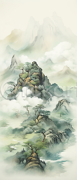 사람없음 JPG 일러스트 강 경관 구름(자연) 나무 돌(바위) 바다 산 산수화 안개 자연 초록색 하늘