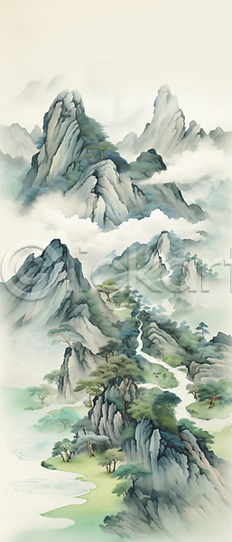 사람없음 JPG 일러스트 강 경관 구름(자연) 나무 돌(바위) 바다 산 산수화 안개 자연 초록색 하늘