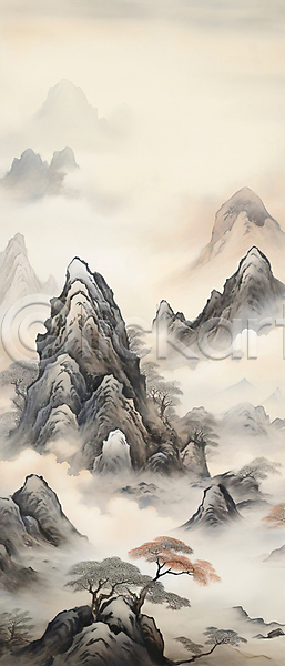 사람없음 JPG 일러스트 경관 구름(자연) 나무 돌(바위) 산 산수화 안개 자연 하늘