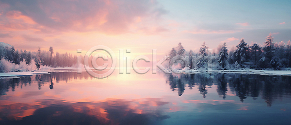 사람없음 JPG 디지털합성 편집이미지 겨울 구름(자연) 나무 노을 반사 설산 자연 태양 하늘 호수