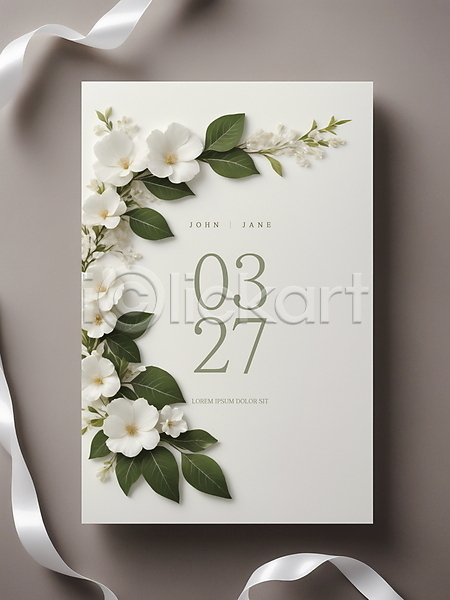 사람없음 PSD 디지털합성 편집이미지 결혼 꽃 나뭇잎 리본 청첩장 초대장 편집소스 흰색