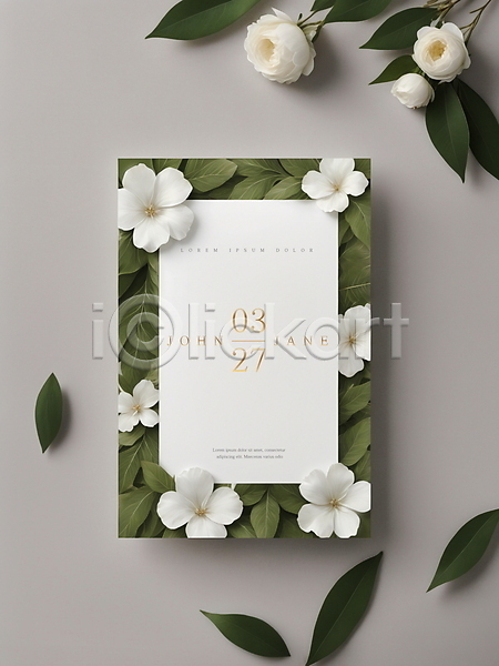 사람없음 PSD 디지털합성 편집이미지 결혼 꽃 나뭇잎 청첩장 초대장 초록색 편집소스 흰색