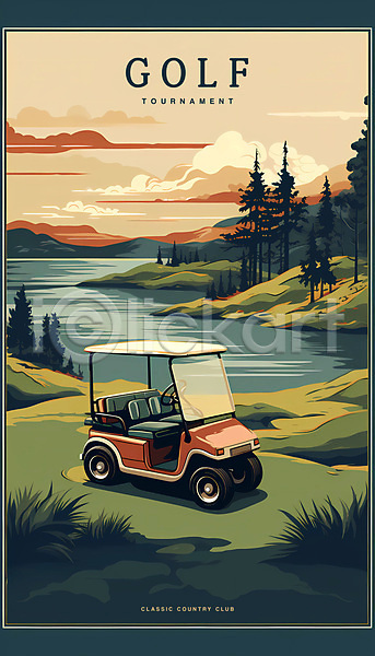 빈티지 사람없음 PSD 일러스트 골프장 골프카트 구름(자연) 산 자연 잔디 포스터 풍경(경치) 하늘 호수