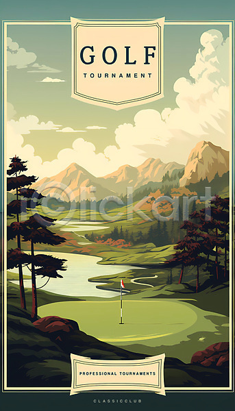 빈티지 사람없음 PSD 일러스트 골프장 구름(자연) 나무 산 자연 잔디 초록색 포스터 풍경(경치) 하늘 호수