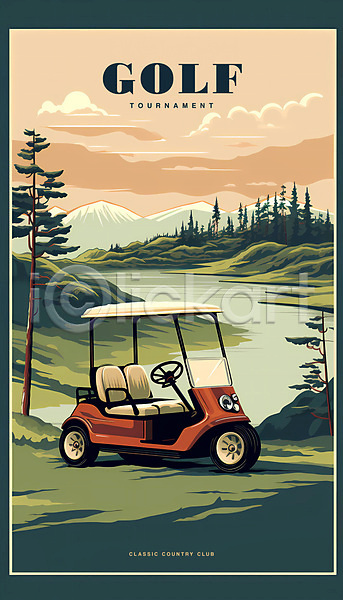 빈티지 사람없음 PSD 일러스트 골프장 골프카트 구름(자연) 나무 산 자연 잔디 포스터 풍경(경치) 하늘 호수