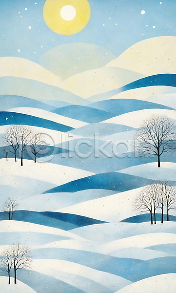 사람없음 JPG 일러스트 겨울 나무 마을 산 새해 일출 자연 태양 파란색 풍경(경치)