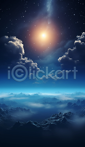 신비 사람없음 JPG 디지털합성 편집이미지 구름(자연) 백그라운드 별 우주 태양 파란색 판타지 하늘