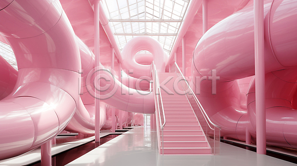 사람없음 JPG 디지털합성 편집이미지 계단 공간 분홍색 실내 인테리어 추상 파이프(관)