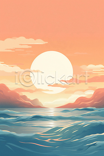 분위기 사람없음 JPG 일러스트 미니멀 바다 백그라운드 일몰 일출 자연 주황색 태양 포스터 풍경(경치)