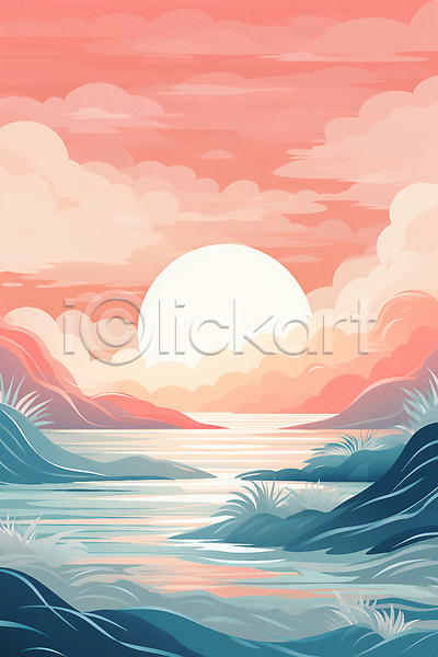 분위기 사람없음 JPG 일러스트 미니멀 바다 백그라운드 오렌지 일몰 일출 자연 태양 포스터 풍경(경치)
