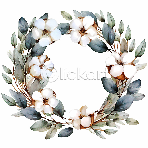 따뜻함 사람없음 JPG 일러스트 나뭇가지 목화꽃 목화솜 수채화(물감) 원형프레임 잎 흰색