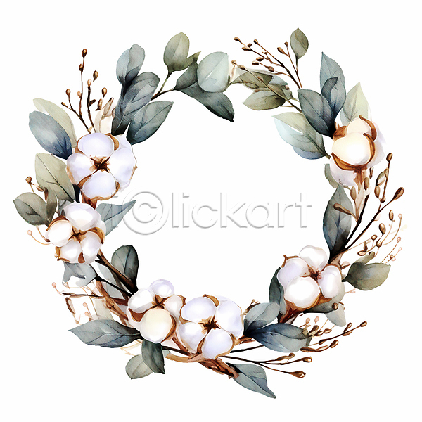 따뜻함 사람없음 JPG 일러스트 나뭇가지 목화꽃 목화솜 수채화(물감) 원형프레임 잎 흰색