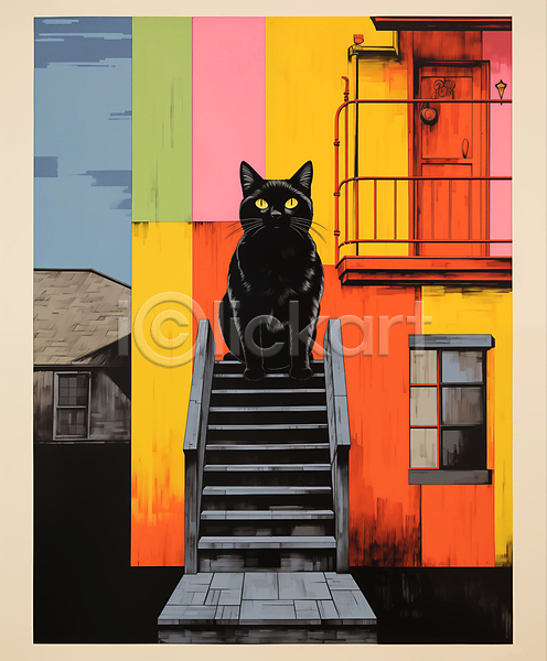 사람없음 JPG 디지털합성 편집이미지 계단 고양이 동물 앉기 응시 주택 편집소스
