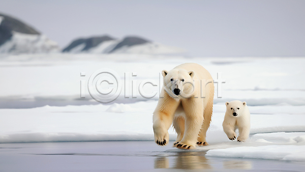 사람없음 JPG 편집이미지 가족 걷기 곰 두마리 바다 북극 북극곰 빙하 아기곰 응시 자연
