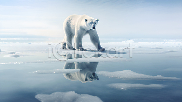 사람없음 JPG 편집이미지 곰 녹음(녹이기) 바다 반사 북극 북극곰 빙하 자연 한마리