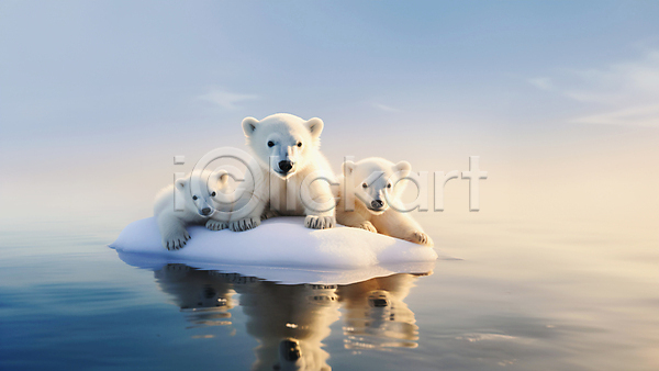 사람없음 JPG 편집이미지 가족 곰 바다 반사 북극 북극곰 빙하 세마리 아기곰 응시 자연 황혼