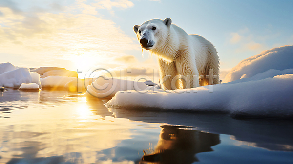 사람없음 JPG 편집이미지 곰 바다 북극 북극곰 빙하 자연 하늘 한마리 햇빛 황혼