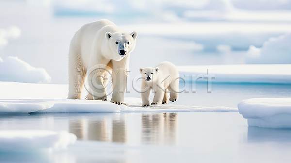 사람없음 JPG 편집이미지 가족 곰 두마리 바다 북극 북극곰 빙하 아기곰 응시 자연