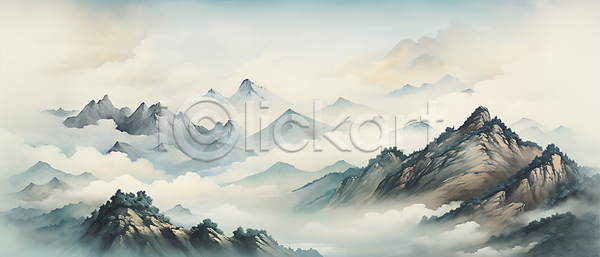분위기 사람없음 JPG 일러스트 구름(자연) 동양화 바위산 백그라운드 번짐 산 산수화 소나무 풍경(경치)