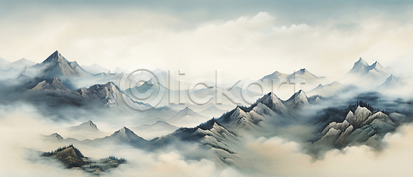 분위기 사람없음 JPG 일러스트 구름(자연) 동양화 바위산 백그라운드 번짐 산 산수화 풍경(경치)