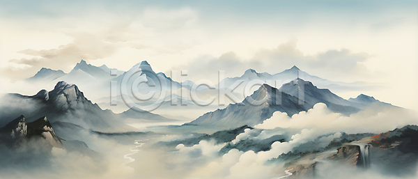 분위기 사람없음 JPG 일러스트 구름(자연) 동양화 바위산 백그라운드 번짐 산 산수화 풍경(경치)
