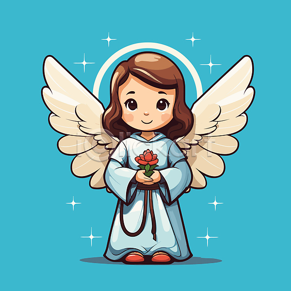 여자 여자한명만 한명 AI(파일형식) 일러스트 꽃 들기 반짝임 신성 십자가 원피스 전신 천사 천사날개 하늘색