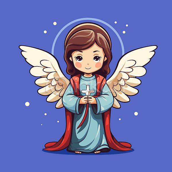 여자 여자한명만 한명 AI(파일형식) 일러스트 들기 반짝임 보라색 신성 십자가 원피스 전신 천사 천사날개