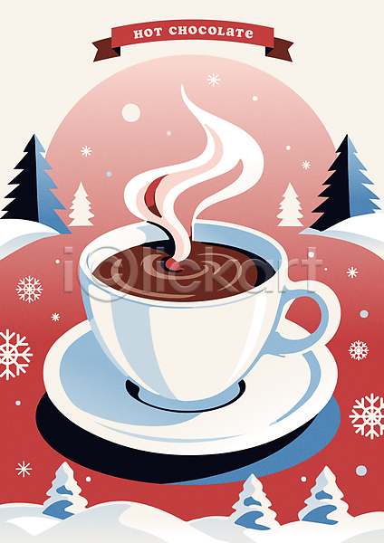 달콤 따뜻함 사람없음 AI(파일형식) 일러스트 겨울 나무 눈꽃 눈송이 디저트 리본 빨간색 수증기 연기 초콜릿 카페 커피잔 코코아 크리스마스 포스터