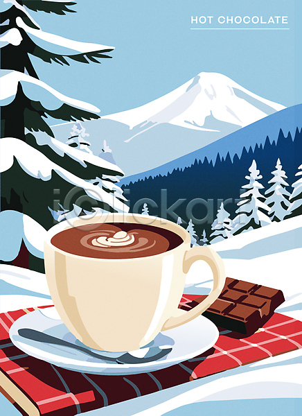 달콤 따뜻함 사람없음 AI(파일형식) 일러스트 겨울 나무 디저트 설산 설원 소풍 초콜릿 카페 커피잔 코코아 포스터