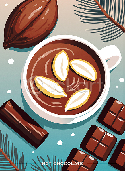 달콤 따뜻함 사람없음 AI(파일형식) 일러스트 하이앵글 겨울 디저트 솔잎 초콜릿 카페 커피잔 코코아 포스터